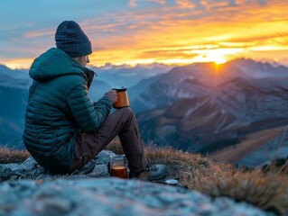 man drinking from a mug and watching the sunset over the mountains