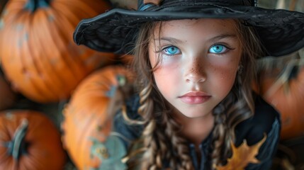 girl with blue eyes and freckles wearing a witch hat surrounded by pumpkins