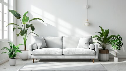 Minimalist living room with white walls, a sleek gray sofa, and a few green plants for a pop of color