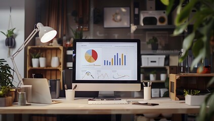 Modern office with computer monitor displaying web traffic analytics and graphs, showcasing the power of data marketing in business strategy development for advertising campaign