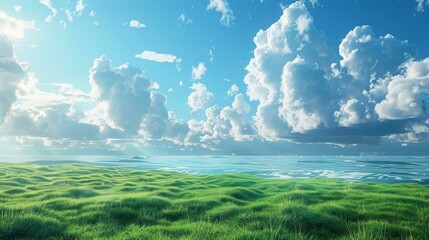 Obraz premium Rolling Green Hills Meet the Ocean Under a Cloudy Sky