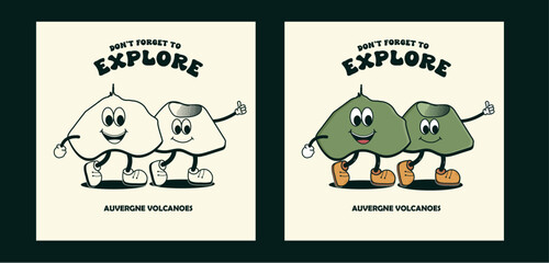 Fototapeta premium Puy de dôme Volcano and Puy Pariou Volcano. Funny volcanoes character with don't forget to explore typography. Cartoon style. promoting tourism in Auvergne. Volcanoes illustration - Stock vector