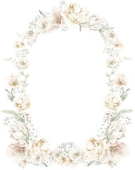 White Floral Bouquet Cream Pastel Watercolor Elegant Wedding Frame