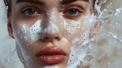 Fototapeta premium Captivating Model Showcases Effective Facial Cleansing for Radiant,Blemish-Free Skin