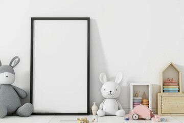 Cozy Nursery Room Interior with Blank Frame and Plush Toys