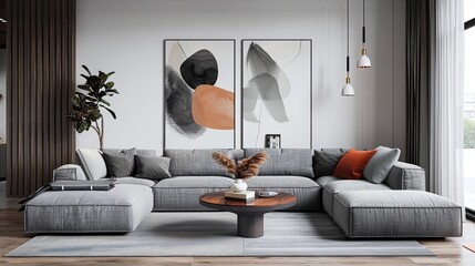 Minimalist living room with a gray sectional sofa, modern coffee table, and abstract wall art