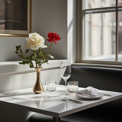 Elegant Restaurant Table Setting with Wine and Flowers