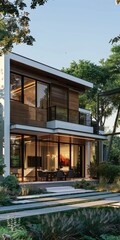 Fototapeta premium Modern House with Large Glass Windows and Wooden Elements