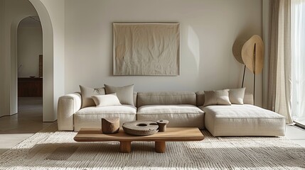 Minimalist living room with a beige sofa, low coffee table, and minimal wall art