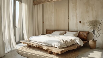 Minimalist bedroom with a wooden bed, white bedding, and minimal decorations