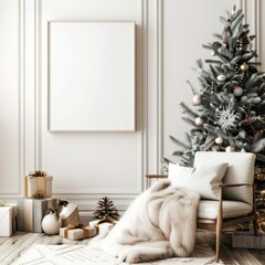 Minimalist Christmas Living Room Interior with Decorated Tree and Blank Frame