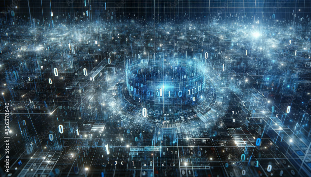 Leinwandbilder A complex digital matrix of binary codes illuminated, resembling a futuristic virtual environment with intricate data flows and networks at night