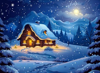 Naklejka premium Snowy Cabin in the Mountains