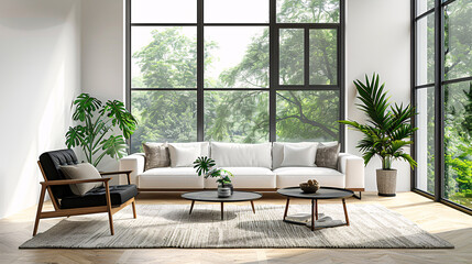 Modern living room with green plants and stylish furniture, blank white wall, and wooden floor