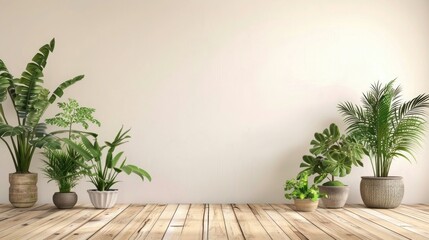 3D rendering of a wooden floor and beige wall background with plants in flowerpots. Mockup for design, print or presentation on a white color background.