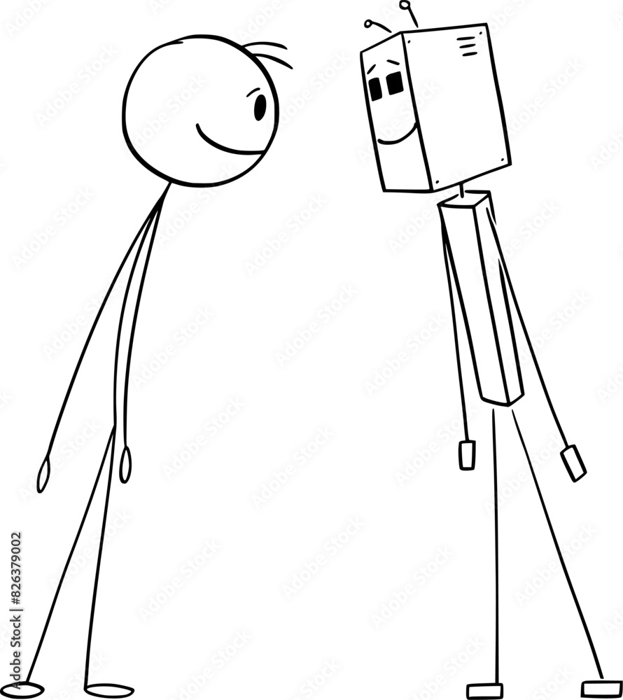 Poster cooperation between human and robot or ai or artificial intelligence, vector cartoon stick figure or