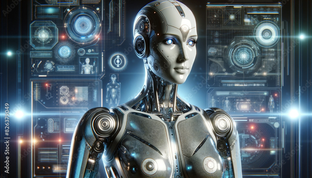 Aufkleber A humanoid android stands in a high-tech laboratory, surrounded by glowing holographic interfaces and advanced technological displays