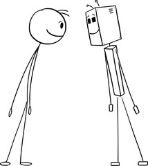 Cooperation between human and robot or Ai or artificial intelligence, vector cartoon stick figure or character illustration.
