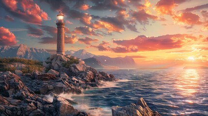 Lighthouse searchlight beam through marine air at night
