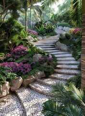 Stone Pathway Through a Lush Tropical Garden