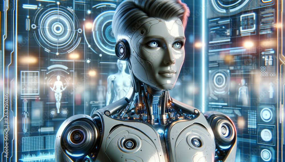 Aufkleber A highly sophisticated humanoid robot stands in a high-tech laboratory, examining holographic data screens filled with digital information