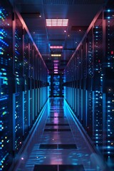 Futuristic server room with blue and purple neon lights illuminating the aisle between server racks.