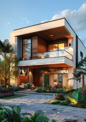Fototapeta premium Modern Two Story House with Balcony and Garden Exterior