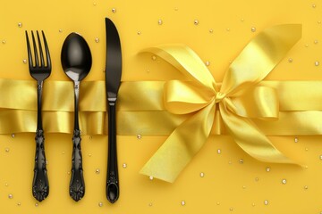 Sophisticated table setting with a fork, knife, and spoon tied with a luxurious gold ribbon - Powered by Adobe