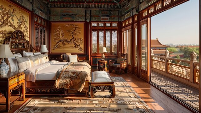 luxurious bedroom with a Beijing imperial palace theme, including intricate wood carvings, silk hangings, and traditional Chinese furniture