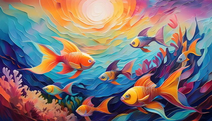 Oil Painting. Underwater Landscape with School of Bright Exotic Fish and Coral Reefs. Undersea Life.
