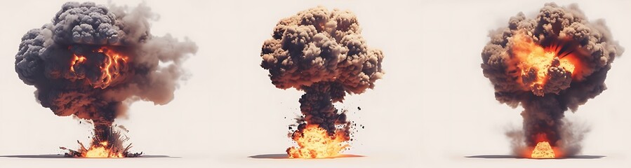 Nuclear explosion, mushroom cloud and fire on a white background