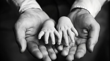 Close-up, the hands of the baby, mom and dady.