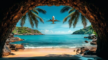 Island paradise Depict the shadow of an airplane stretching over a remote tropical island, with palm-fringed beaches and clear blue