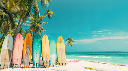 a row of colourful surfboards lined up on a white sandy beach, palm trees and turquoise ocean in...