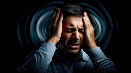 A close-up shot of a man holding his head in pain, with a visual representation of dizziness