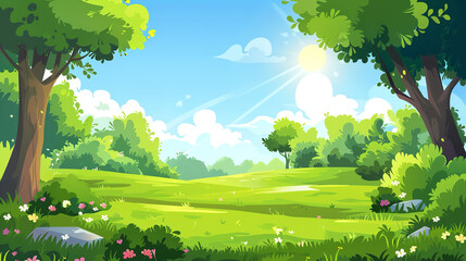 Obraz premium a simple cartoon park background, green scenery, clear blue skies, bright sun