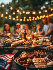 Fototapeta premium Festive Backyard Barbecue with American Flag Decor and Twinkling Lights