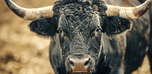 Black bull with white horns in the arena, closeup of its head and body