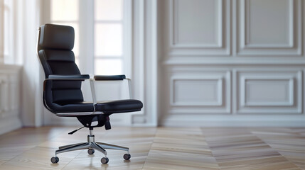 closeup black office chair in the modern office with white elegant interior with space for copy