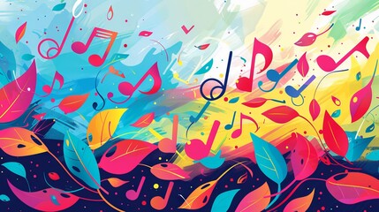 Colorful abstract musical background with notes and leaves, poster design.