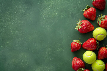 Summer strawberries and tennis balls. Traditional seasonal background