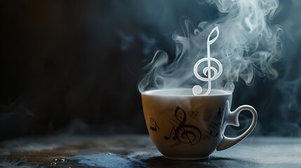 Cup with a steam in the form of a treble clef. Coffee and music concept.