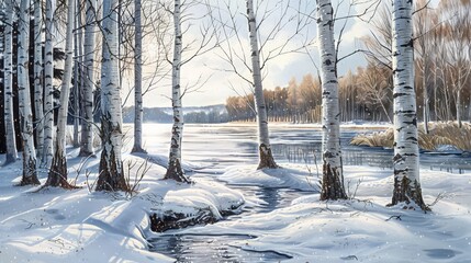 A peaceful winter landscape with a birch grove of bare trees on a snow-covered ground. The river nearby shows patches of melting snow