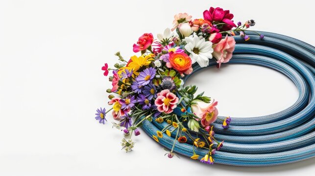 Flexible coiled hose with colorful flowers spray isolated on white background symbolizing blossoming garden growth and watering concept