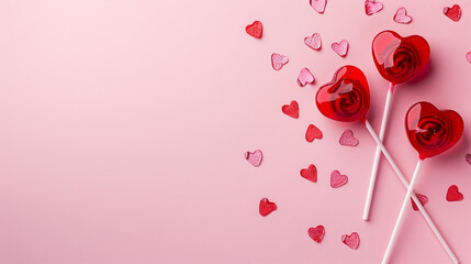 Valentine's day background. Red lollipop and heart on pink background