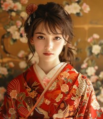 Fototapeta premium Portrait of a young woman in a red kimono