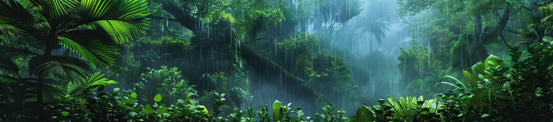 Monsoon Forest: A lush monsoon forest scene with dense foliage, tropical birds, and the soothing sound of rain falling on leaves