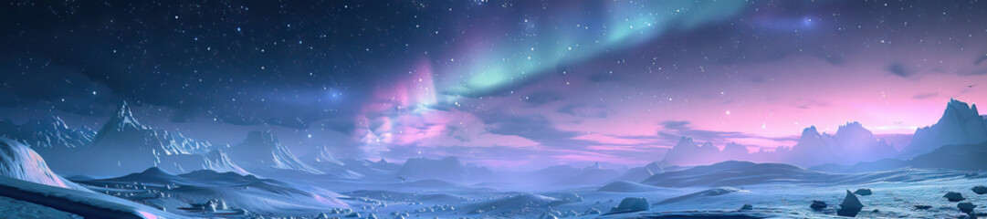 Fototapeta premium Arctic Tundra: A stark Arctic tundra scene with vast expanses of snow-covered plains, polar bears, and a shimmering aurora borealis overhead