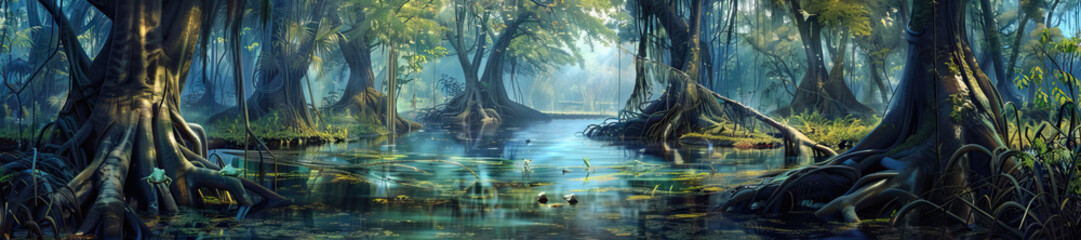 Mangrove Swamp: A mysterious mangrove swamp scene with tangled mangrove roots, hidden tidal channels, and a chorus of frogs and insects