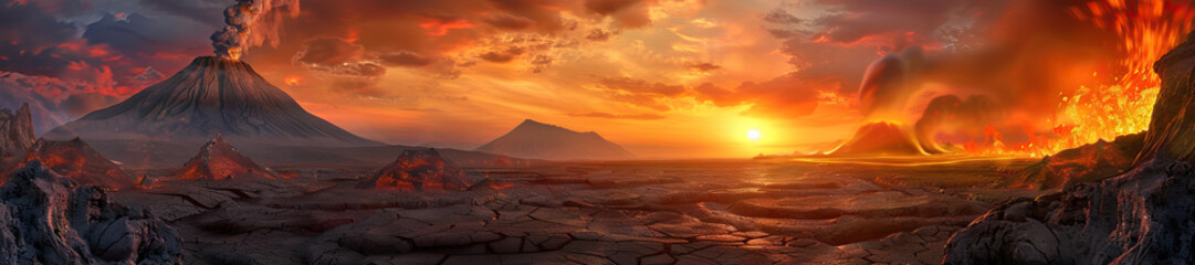 Fototapeta premium Volcanic Landscape: A dramatic volcanic landscape scene with a steaming volcano, rugged lava fields, and a fiery sunset in the background